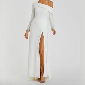 Mac Duggal One Shoulder White Dress with Silver Accents